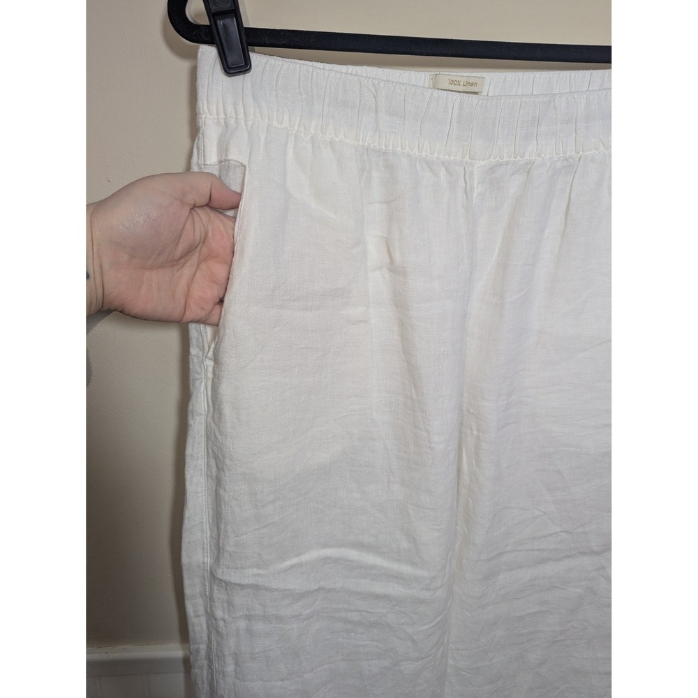 100% Linen Wide Leg Pants Womens L Pull ON White Elastic Waist Pocket Cruise
